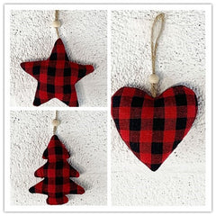 Christmas Ornament - Buffalo Check Black and Red - Star, Tree and Heart - Set of 6